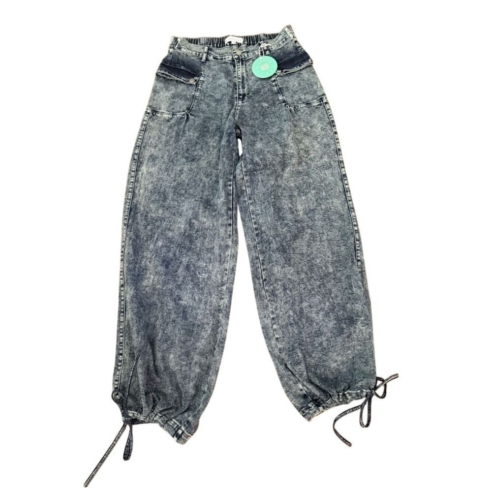Blakeley High-Rise Acid‎ Wash Wide Leg Jeans with Drawstring Hem Women Small NWT